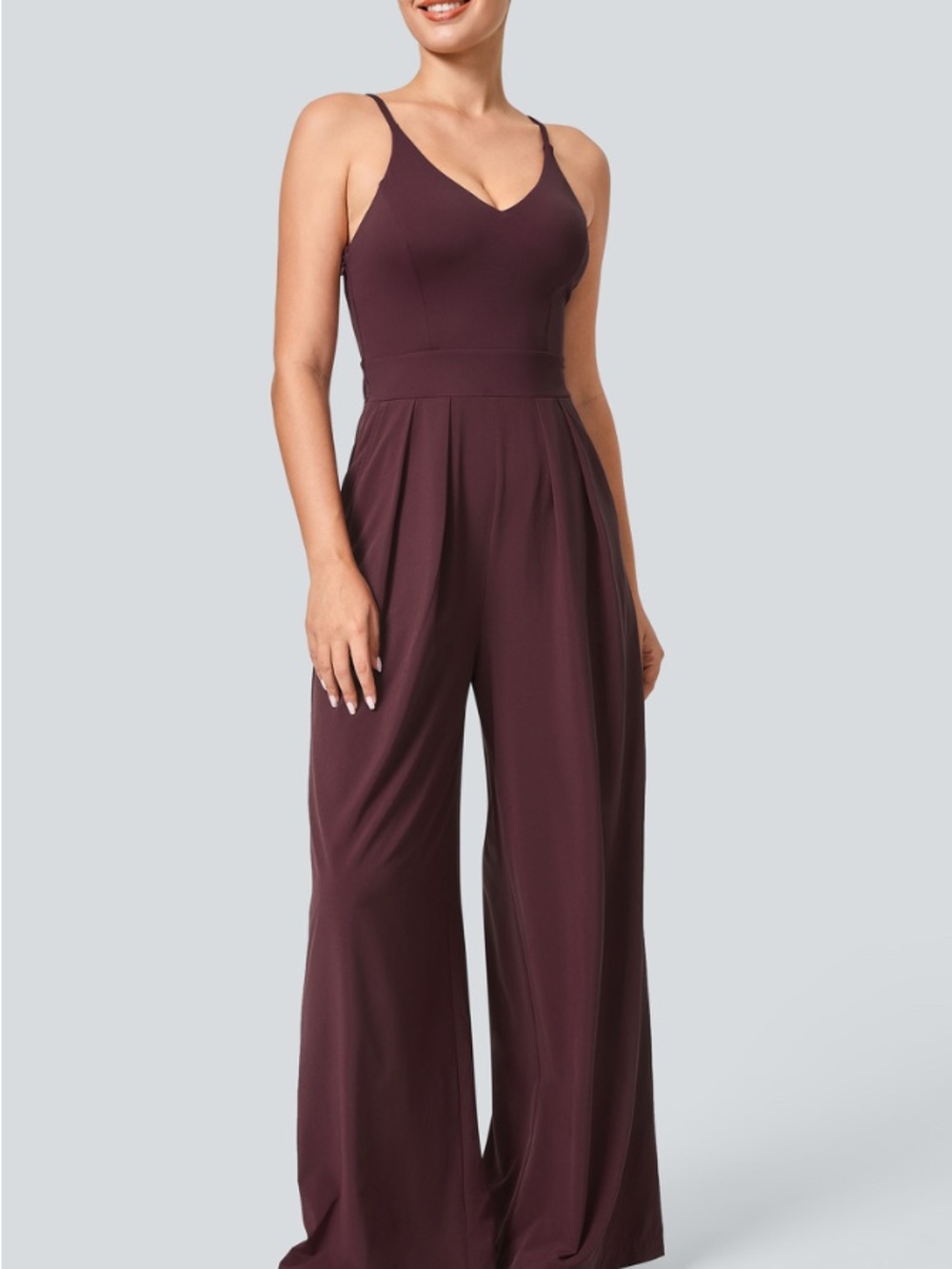 HALARA Plum Wide-Leg V-Neck Jumpsuit